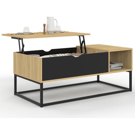 Idmarket – Table basse relevable bicolore en bois et métal – Dimensions 110x55x44,5cm – 2 compartiments de rangement – Style industriel moderne