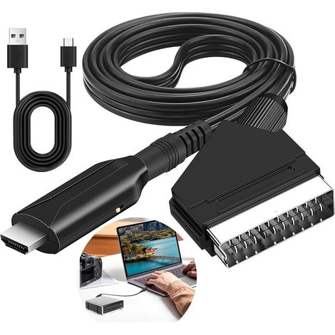 Convertisseur Péritel vers HDMI, Adaptateur Peritel vers HDMI avec Câble HD 1080p/720p Adaptateur Audio Vidéo Péritel Tout en Un Câble Péritel versHDMI pour HDTV STB VHS Xbox PS3 Sky DVD Blu-ray (1/4)