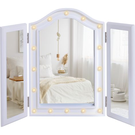 Large Lighted Freestanding Tri-Fold Vanity Mirror with 16 LED Lights,Battery Operated and Foldable for Bedroom-White