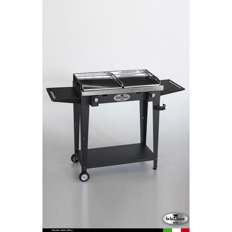 Grill 8.4 Inox Piastra liscia - Grigio antracite - Con portapiatti - Senza paraschizzi - Con kit mensola e ruote - barbecue, griglia, giardino, carne, a gas, acciaio made in Italy