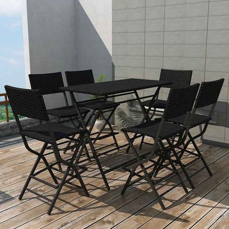 42878 vidaXL 7 Piece Folding Outdoor Dining Set Steel Poly Rattan Black (1/5)