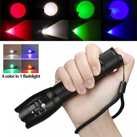 Torcia LED con zoom e 4 colori in uno (rosso, bianco, verde, blu), torcia portatile estremamente luminosa, ricaricabile, 4 modalità, multifunzionale per uso esterno, astronomia, ecc. (1/4)