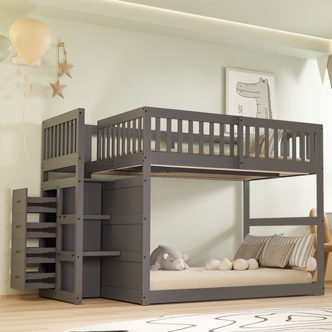 Lit superposé bas sécurisé 140x200 - Avec rangement et barrière de protection - Structure en bois gris - Enfants (sans matelas) (1/5)