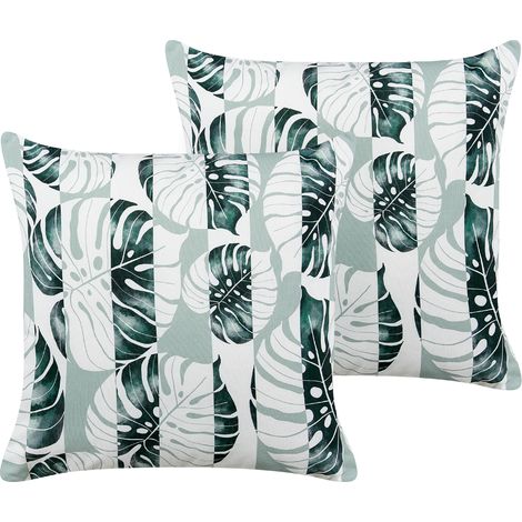 Conjunto de 2 cojines de jardín almohada de exterior 45 x 45 cm poliéster hojas rayas verde Termini (1/5)