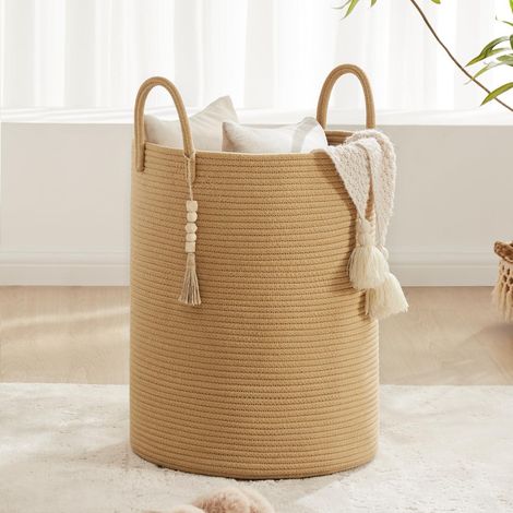 Cesto de ropa plegable, cesta de almacenamiento grande, cesto para ropa sucia, cuerda de algodón, 38 cm (diámetro) x 50 cm (alto), marrón