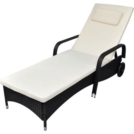 vidaXL Sun Lounger with Cushion & Wheels Poly Rattan Black