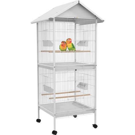 Vogelkäfig-Voliere auf Rädern, im Hausstil, mit Futtertrögen, Sitzstangen, Türen, herausnehmbaren Kotschalen und Metall