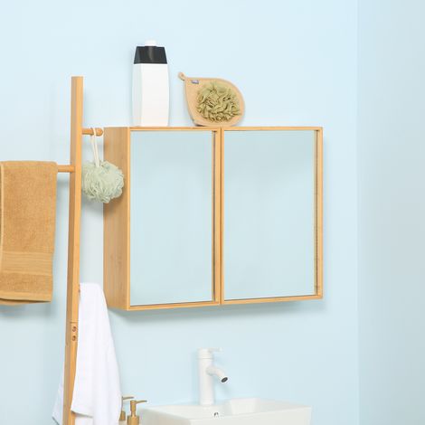 Armoire murale de salle de bain avec miroirs et 2 portes en bambou 65.2 x 14 x 50 cm (1/5)
