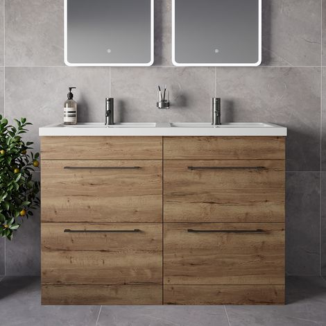 Napoli 390 Tobacco Oak 1200mm 4 Drawer Vanity Unit with Double Lucia Basins - 1200mm - Gunmetal Grey 320mm Handle