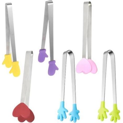 6 pièces pinces silicone sucre, pinces alimentaires multifonctions en acier inoxydable et silicone platine, pour bonbons et pâtisserie