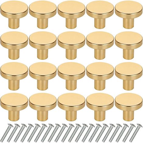 JMIATRY Lot de 20 boutons de tiroir dorés, ronds en laiton (25 x 20 mm), avec vis. Poignées de tiroir dorées pour tiroirs, placards, armoires et meubles. (1/5)