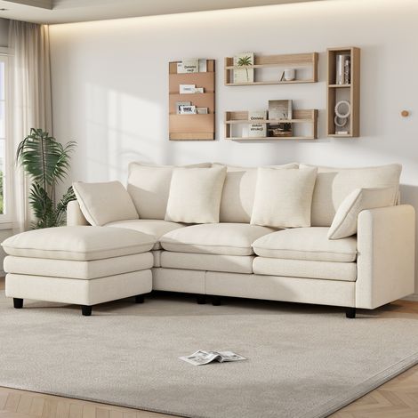 Canapé d'angle en L avec 4 coussins décoratifs et 3 dossiers, canapé 3 places avec méridienne, canapé moderne pour salon et bureau, charge maximale 120 kg, dimensions 212 × 150 × 90 cm, beige (1/5)