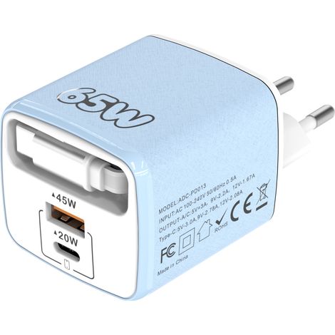 Chargeur voyage multi-port 1PD+USB 65W PD couleur macaron avec câble rétractable, prise européenne pour téléphone-bleu (1/5)