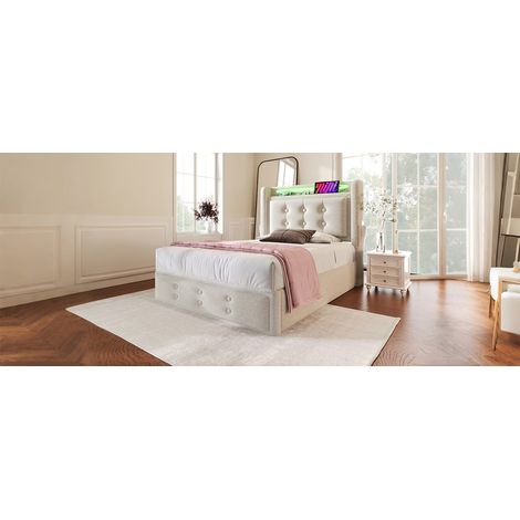 Lit pliant 90x200 cm, individuel avec tête de lit tissu et charge USB C. Lit hydraulique, sommier bois, cadre métallique, capacité 150 kg, beige, coton (sans matelas). (1/5)