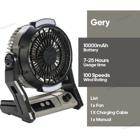 Ventilateur de camping extérieur (gris), ventilateur de bureau 10 000 mAh, éclairage LED (1/5)