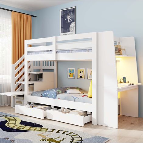Letto a castello per bambini 277x95x150 cm, con scrivania, libreria, cassetti, luce LED, legno bianco (1/5)