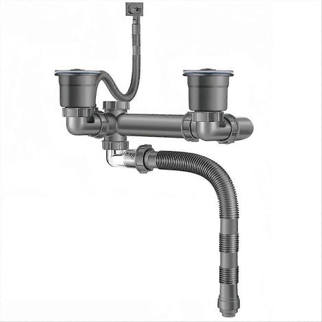 Platzsparendes Doppelspülen-Ablaufset mit ausziehbarem Siphon, 1 1/2"-Flexschlauch und 3 1/2"-Ablaufgarnitur. (1/5)