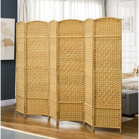 Paravent pliable 6 panneaux, motif tressé, pin, bois naturel, 270 x 180 cm, REDOM (1/5)