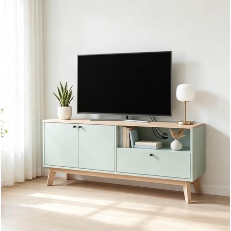 TV-Möbel 120 cm, MDF hellgrün in Eichenoptik, 2 Türen, Schublade, offenes Fach (1/5)