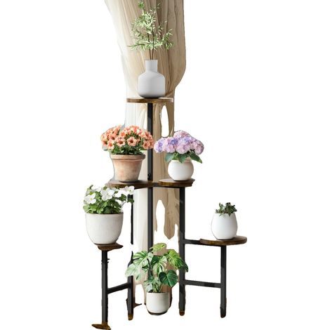 Support de plante d'angle, 5 niveaux, construction en bois et métal durable, Marron (1/2)