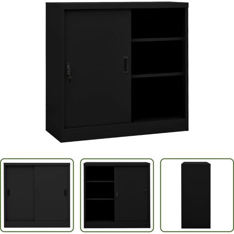 Schiebetür -  Büroschrank mit Schiebetür Schwarz 90x40x90 cm Stahl (1/5)