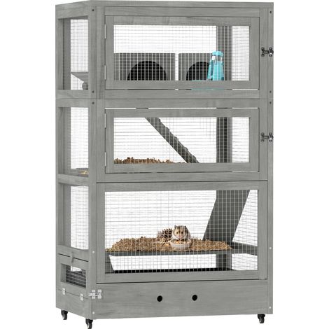 Gabbia per criceti in legno a quattro livelli con scomparti, altalena, ciotole per il cibo, rampe e ruote, 65 x 45 x 109 cm, grigia.