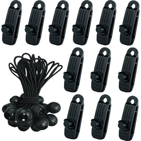 24 Pcs Clip de Tente Bâche avec 12x Pince pour bache et 12x Tendeur Corde Elastique, Pince a oeillet pour bache Camping Accessoires pour Tentes, bache Piscine, Bâches, Auvents, Gazebos Tente- (1/5)