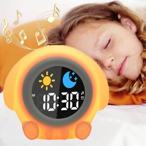 Réveil pour enfants, réveil rechargeable, 2 alarmes jour/nuit/fonction snooze/luminosité de l'écran réglable/7 couleurs/6 chansons/arrêt automatique (1/4)