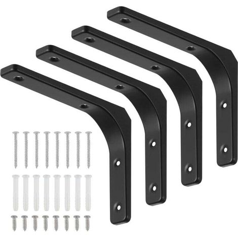 4 Pièces Équerre Étagère de Fixation Noir, Supports D'étagère Murale, Équerre Murale en Forme de L avec Vis et Ancrages Assortis, Capacité de Charge Maximale de 70kg (150 x 200 mm)