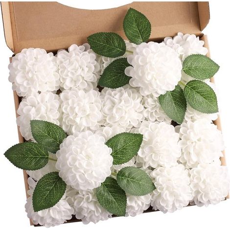 25 künstliche Dahlienblüten mit Blättern und Stielen, weißer Dahlienstrauß für Hochzeiten, Blumensträuße, Tischdekoration, Innendekoration (1/5)