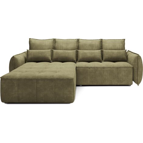 Canapé d’angle tissu effet cuir KAMPUS – Convertible et rangement angle gauche-Vert olive-angle gauche (1/5)