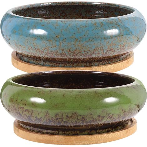 Lot de 2 Sets de Pots de Fleurs en Céramique Émaillée Rétro avec Soucoupe Pots pour Plantes Succulentes et Cactus Jardinières Décoratives Vert et Bleu Drainage Intégré Bureau (1/5)