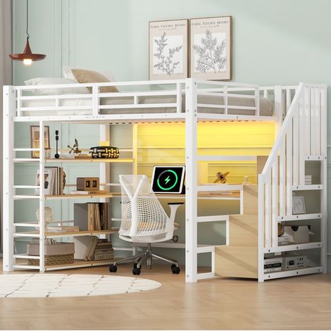 Bett Hochbett 140x200 Stauraum Schreibtisch Weiß OKMYHOME (1/5)