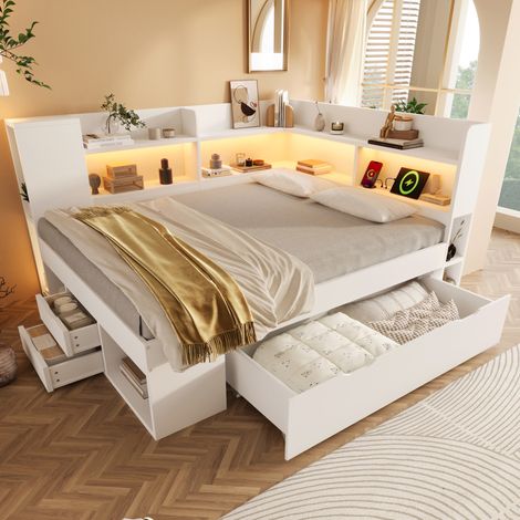 Bett 140x200 Bettgestell mit Stauraum Weiß Holz HAVRYA (1/5)