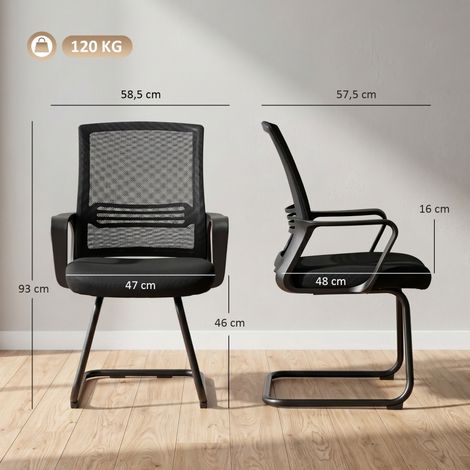 Ensemble de 2 fauteuils de travail ergonomiques à pieds fixes, sièges de réunion capitonnés avec base traîneau pour halls d’attente et zones de réception, teinte noire (1/5)