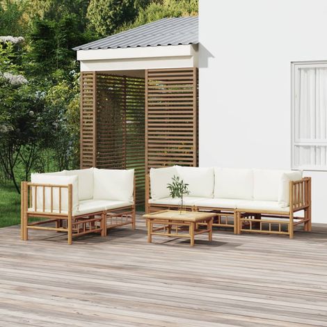 Salon de jardin 6 pcs - Ensemble Table et Chaise de Jardin - avec coussins blanc crème bambou BV209355 - BonneVie (1/5)