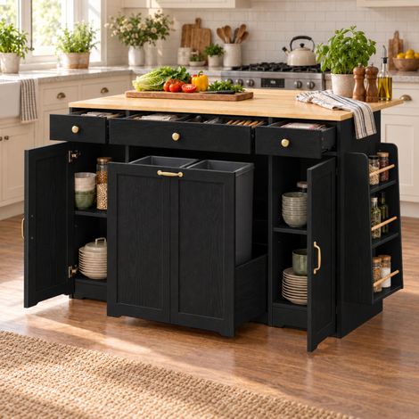 MODFU – Buffet rangement 136x65x90 cm MDF – 3 tiroirs et étagères – Plateau couleur bois et charge 40 kg – Cuisine – Noir/bois (1/5)