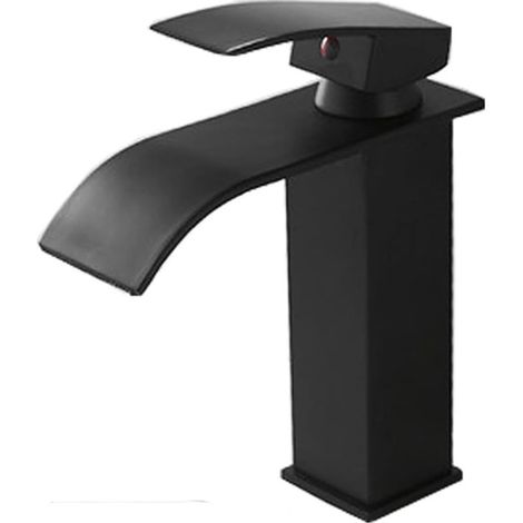 Robinet d'évier cascade noir, montage sur pont, mélangeur d'eau chaude et froide, monotrou à levier unique, noyau en aluminium (1/5)