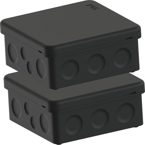 Lot de 2 boîtes de jonction étanches IP65 - Noir - Petite boîte de distribution - Avec couvercle à clipser - Joint en caoutchouc amélioré - Pour pièces humides - Pour l'extérieur - 88 x 88 mm (1/5)
