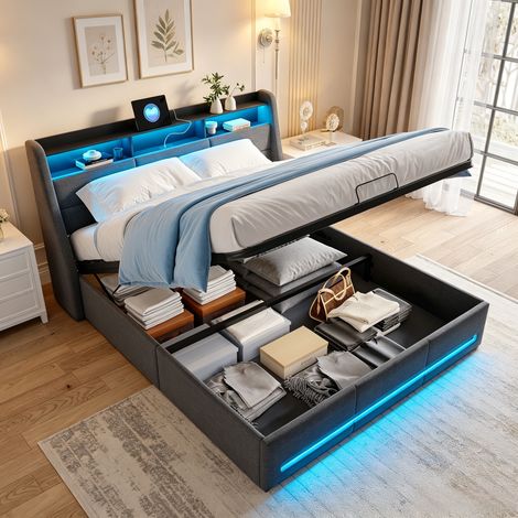 JOOKGBD-Lit Coffre 140x190 cm,Lit Double 140x190cm avec éclairage LED et Port USB,Lit adolescent,Lit rembourré avec Rangement de Chevet,sommier à lattes,pour Adultes et Adolescents,Lin,Gris (1/5)