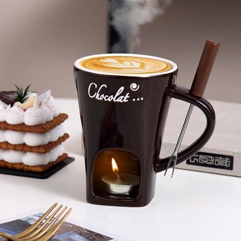 Générique Tasse à Fondue Au Chocolat Avec Fourchettes,Fondue ChaufféE Avec Une Bougie Chauffe-Plat,Tasse Chauffante-marron (1/5)
