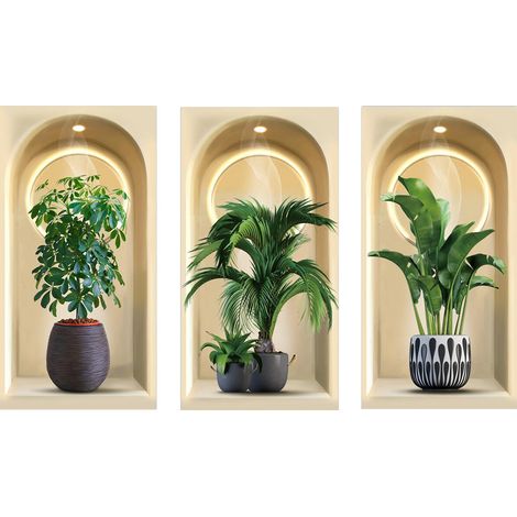 Este conjunto incluye tres adhesivos de pared 3D con motivos de plantas verdes. Son autoadhesivos y aptos para salones, dormitorios y cocinas. (1/5)