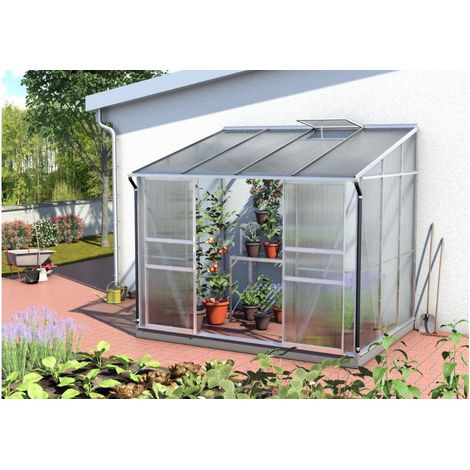 Serre adossée IDA 5200 - 5,20 m² polycarbonate avec porte coulissante et lucarne, Couleur Aluminium , Polycarbonate 4 mm (1/5)
