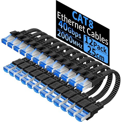 Cable Ethernet Cat 8 Court 25cm (Lot de 12), RJ45 40Gbps 2000MHz  Câble Réseau LAN Plat, Câble Patch FTP Internet Haut Débit pour Switch, Panneau de Brassage Routeur Modem PC, Noir (1/5)