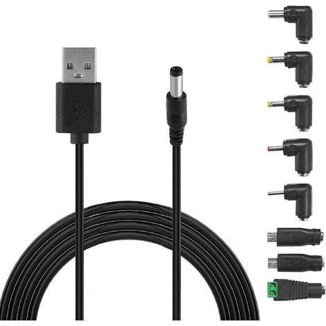 Câble d'alimentation Universel 5V USB vers DC, 5.5mm 2.1mm Câble avec 8 Jack Connecteurs (5.5 x 2.5, 4.8 x 1.7, 4.0 x 1.7, 3.5 x 1.35, 2.5 x 0.7 Micro USB, Type-C, Connecteur LED) (1/5)