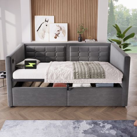 CHICFURN Sofá cama tapizado 90x200 cm de terciopelo gris con almacenaje hidráulico, sin colchón (1/5)