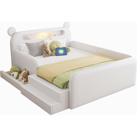 Letto Imbottito per Bambini 140 x 200 cm, Letto Singolo con Orso, Luce Notturna, USB e Vano, Bianco (1/5)