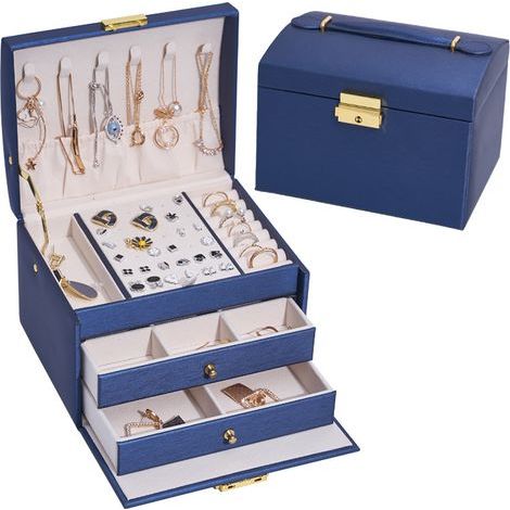 Three-Layer Leather Drawer Jewelry Box Light Luxury Earrings Jewelry Storage Box Earrings Locking Jewelry Box (Dark Blue, 171413cm) (1/2)