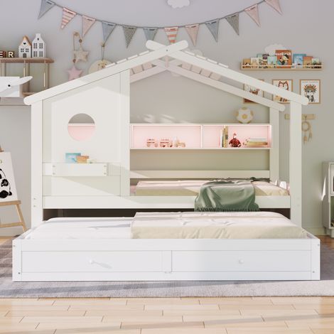 Lit de camp 90200,avec lit lit 90190,design maison,avec deux tiroirs,ports de charge USB et Type-C et LED,étagères,lit multifonctionnel,blanc (1/5)