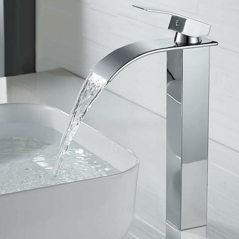 CCYKXA Modern High Waterfall Sink Faucet, Elegant Design Waterfall Bathroom Faucet, High Brass Single Lever Basin Mixer Tap, Hot and Cold Water Available, Chrome Waterfall Faucet